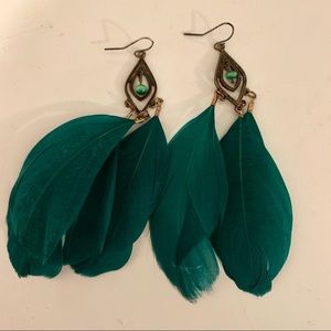 Turquoise green feathered earrings